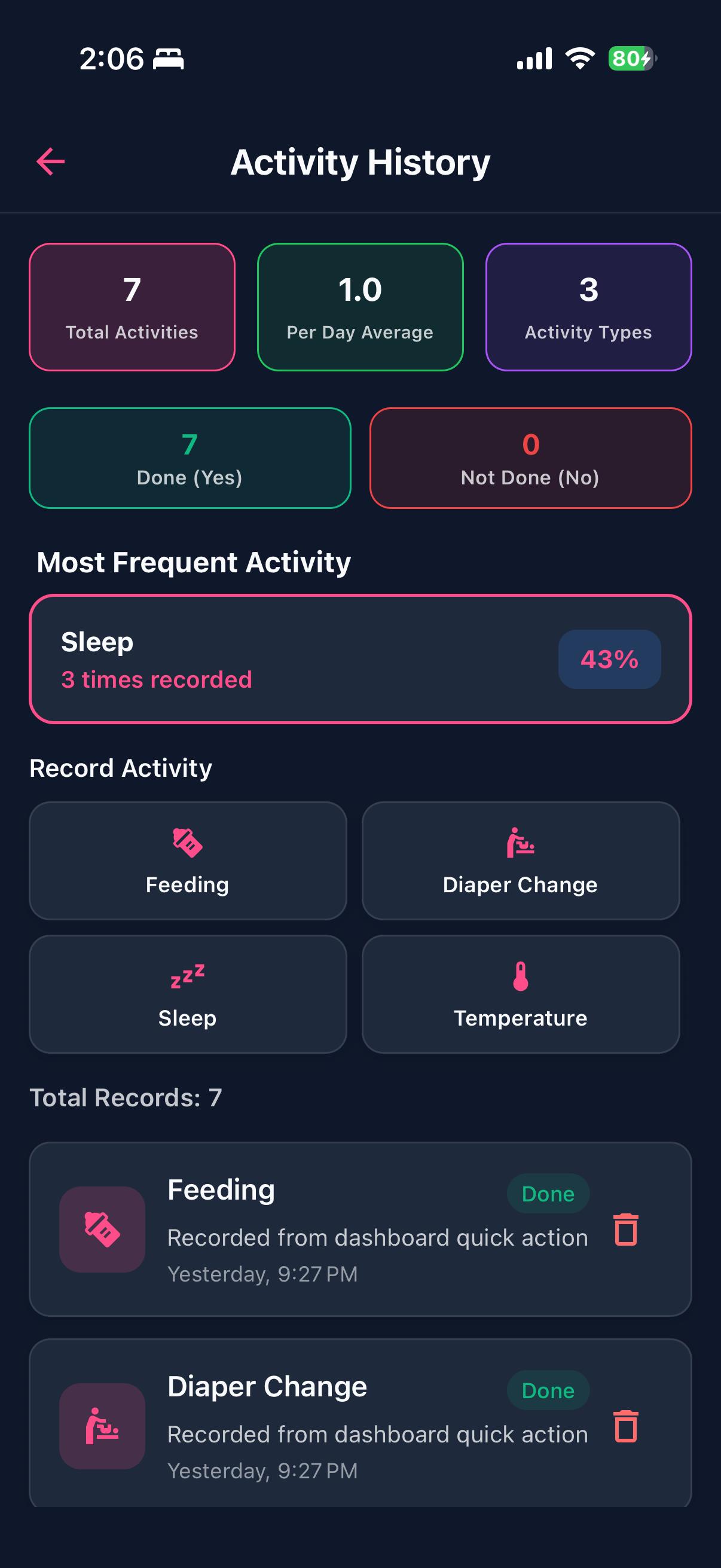 BabyDay — Smart Baby Care & Health Tracking Platform Dark mode screens screen 2